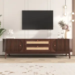 Natural Rattan TV Cabinet / Lowboard. Wood-Blend Country Style TV Stand with Doors & Drawers. Storage Solution