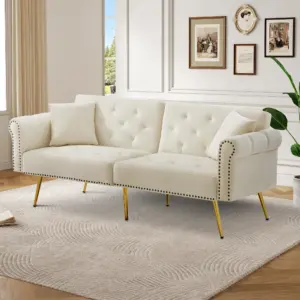 Modern 2 Seat Sleeper Sofa with Velvet Cover, 3 Tier Backrest, Gold Plated Metal Feet and Sleep Inaction-Small Room