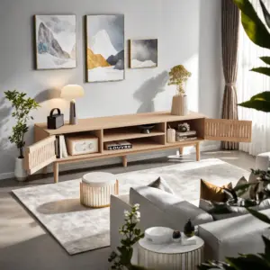 TV cabinet, TV table with 2 doors, TV lowboard with open storage space, 150 cm long, TV shelf for TVs up to 65 inches, for living room, bedroom, original wood color