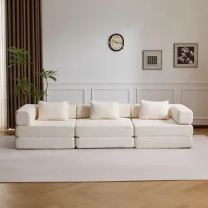 Chenille White Sofa Bed, Convertible Foldable Guest Bed with Pillows,3-Seater Loveseat Sofa,3-in-1 Modular Couch for Living Room