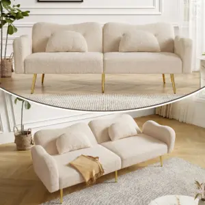 2-Seater Sofa Bed W/Adjustable Backrest & Gold Metal Legs. Modern 2-in-1 Sleeper Sofa W/Integrated Bed Function, Luxury.