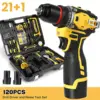 Cordless Drill Tool Set, 18V Brushless Compact Power Drill Kit with 2 Battery, 120 PCS Household Tool Kit with Driver Taladro