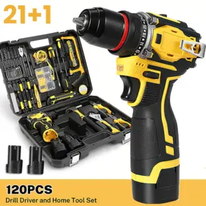 Cordless Drill Tool Set, 18V Brushless Compact Power Drill Kit with 2 Battery, 120 PCS Household Tool Kit with Driver Taladro