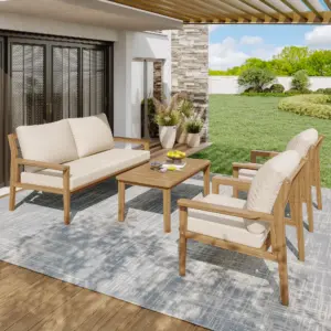 5-Piece Outdoor Lounge Sofa Set for 4-5 People, Weatherproof Garden Furniture with Cushions, 2 Chairs, 1 Loveseat, 1 Table