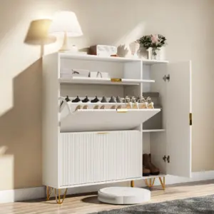 ROSAHQNDA Modern White Wooden Shoe Cabinet For Entryway, Shoe Storage Organizer With 2 Flip Drawers, Side Storage For Boots