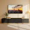 Modern TV cabinet, TV stand with LED lighting and high-gloss finish, practical storage space, wood look, glass shelves, TV lowboard for living room, dining room and bedroom, black