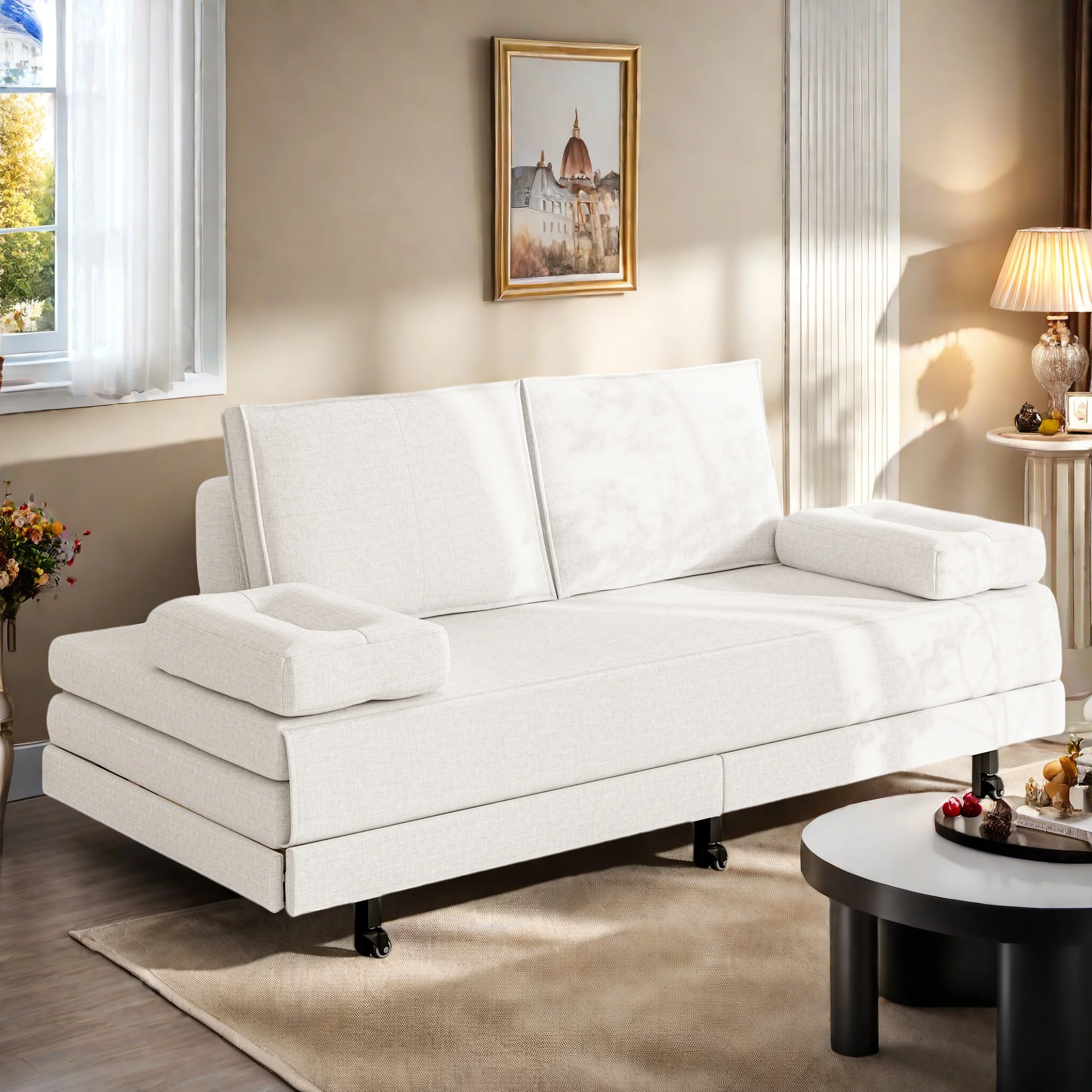 Sofa Bed 90/180x200 cm, with cushions and armrest pillows, double sofa bed, multifunctional bed, white linen, easy to move 7 kf Aab1c0fb20f564effb66dedce967b7157k