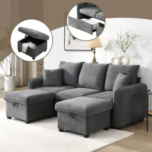 U-shape sofa 3-seater with storage, draw, ottoman with compartment, sleep function, modular design, chenille cover, space-Sav