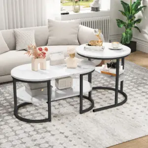 Rosahqnda Modern Set of 2 Sofa tables with large storage surfaces, marble pattern tabletop and sturdy metal stands