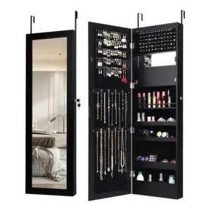 Jewellery Cabinet with Full-Length Mirror and Built-in Makeup Mirror, Jewellery Mirror Cabinet for Rings, Chain Hooks, Earrings