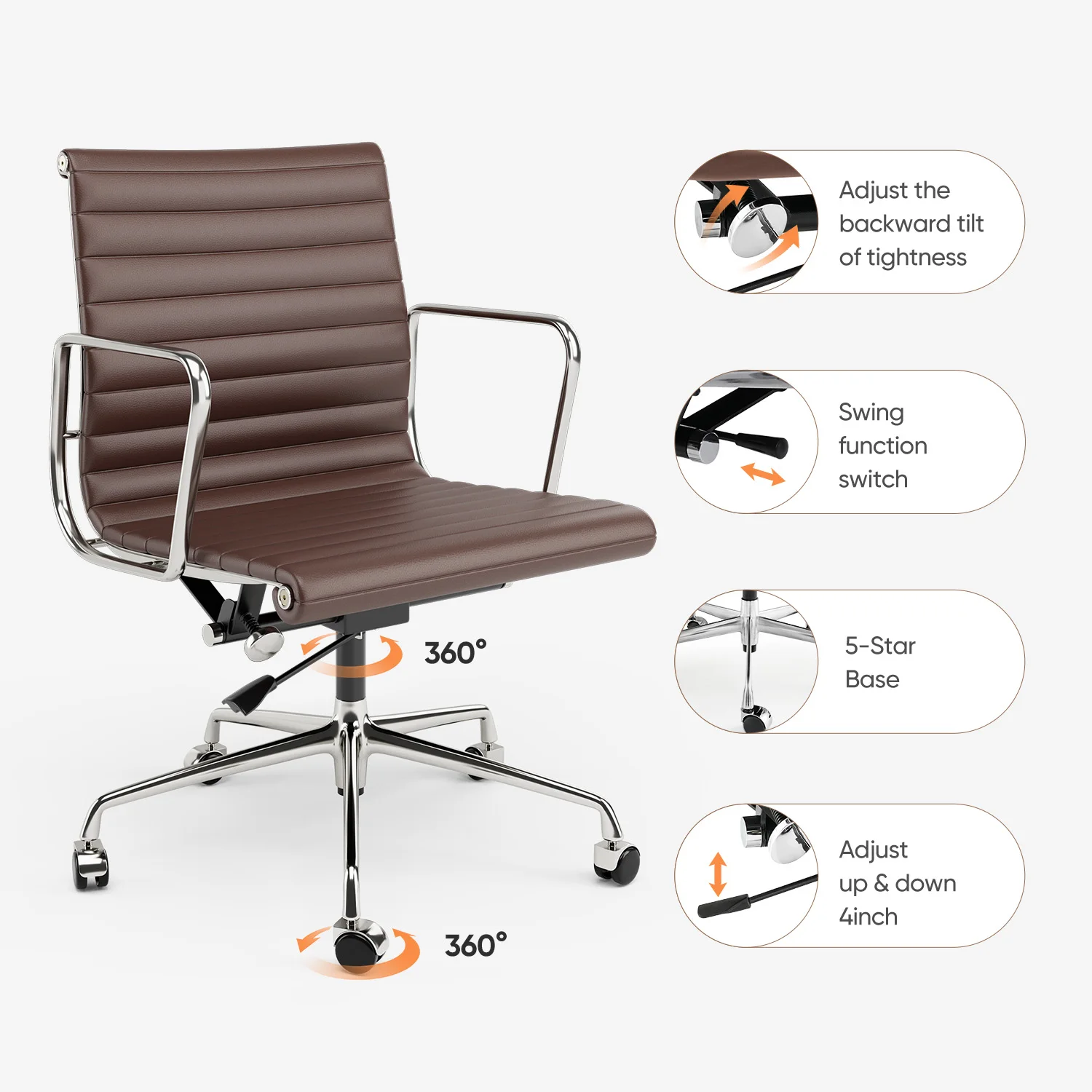 Ribbed Office Chair Ergonomic Office Chair Brown Genuine Leather Swivel Chairs Adjustable Swivel Computer Desk Gaming Chair 10 kf S0f844acd131544e0aeab60b11ef4eb10l