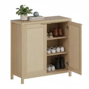 Rattan Buffet Cabinet with 2 Drawers, Light Oak Shaker Style Sideboard Storage Cabinet with Adjustable Shelf for Dining Room
