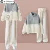 Velvet and Thickened Lamb Hair Outer Set for Women's Autumn and Winter New Korean Casual Wide Leg Pants Fashion Two Piece Set