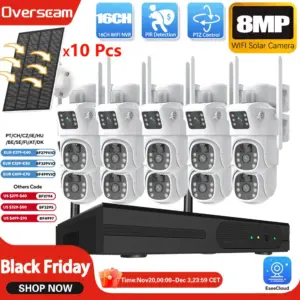 4K 8MP Dual Lens Wifi Solar CCTV Camera System 16CH Wireless NVR Kit Two-Way Audio PTZ IP Security Camera Video Surveillance Set