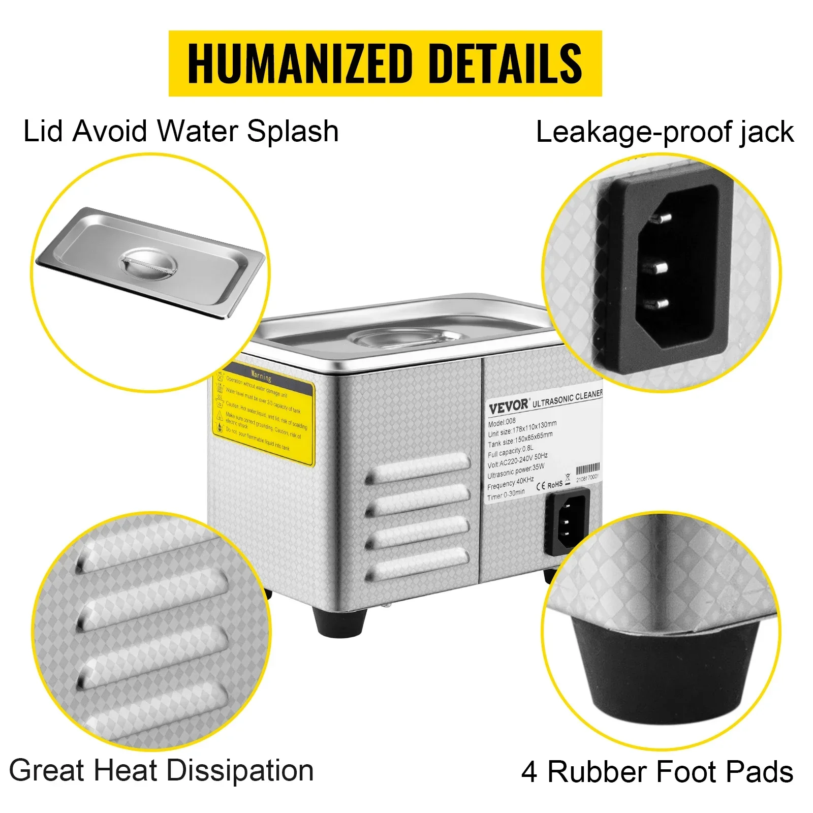 VEVOR Ultrasonic Cleaner 800ml Portable Washing Machine 35W Mini Dishwasher Lave-Dishes Ultrasound Bath Sonic for Home Appliance 15 kf