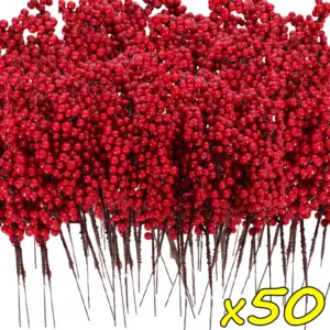 50/1branch Christmas Artificial Berries Stem Red Holly Berry Fake Flowers 2026 for Xmas Tree New Year Party Home Decor Ornament