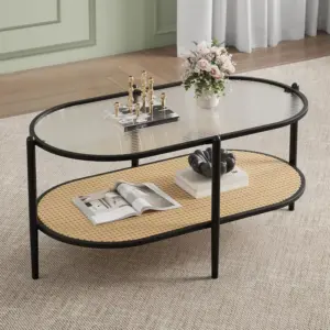Oval Coffee Table 2-Tier Storage Shelf and Metal Frame Water-Wave Glass Tabletop Farmhouse Center Tables for Living Room Bedroom