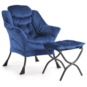 Velvet Armchair with Footstool, Comfy Upholstered Accent Chair with Side Pocket, Armrests & Steel Legs, Modern Lazy Chair