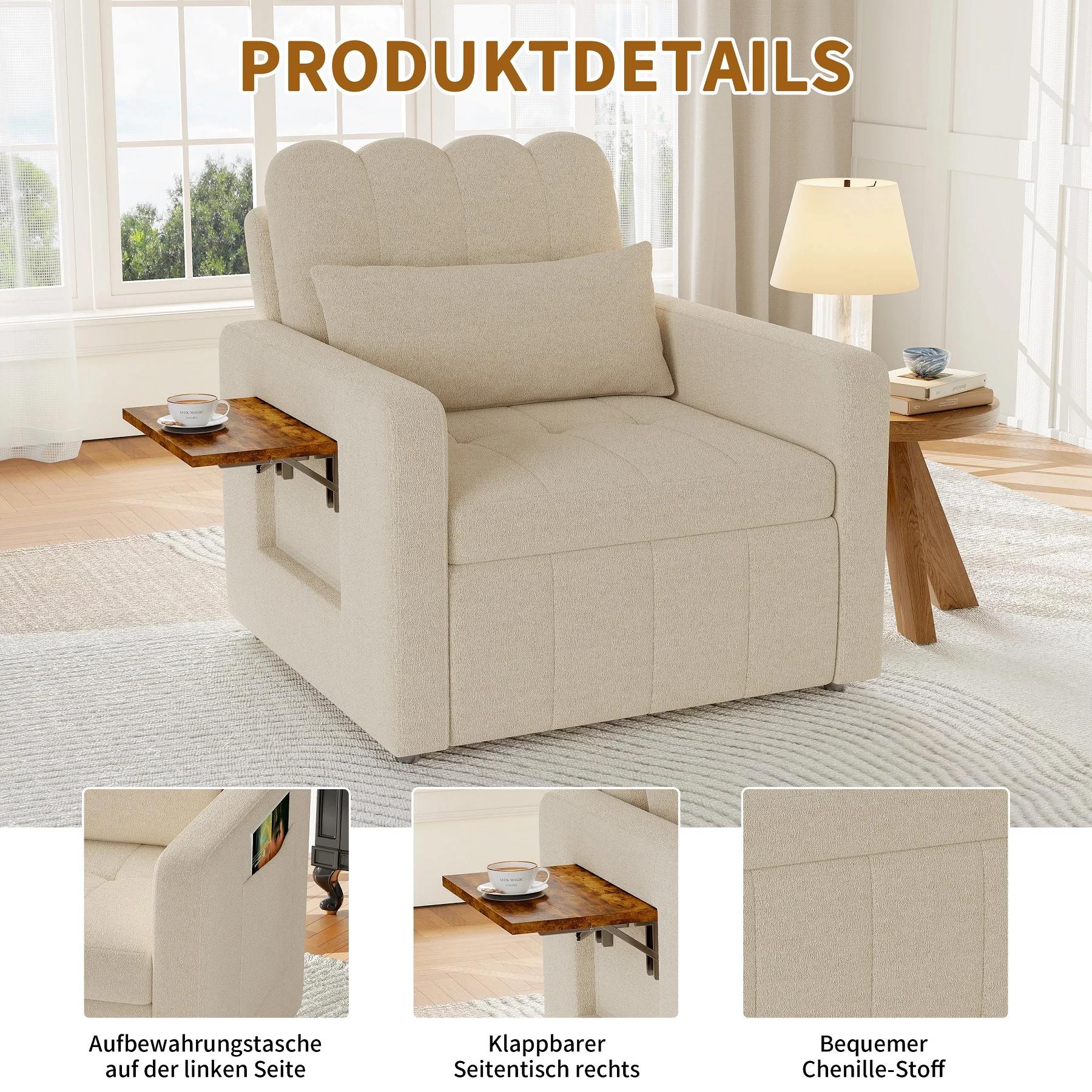 Rosahqnda Folding Sofa Bed,Sleeping Chair with Adjustable Backrest&table&Side Pocket,Relaxing Chair for Living Room,Bedroom 22 kf S1a4f02b98c7a487f84fb6c2175c8505bV