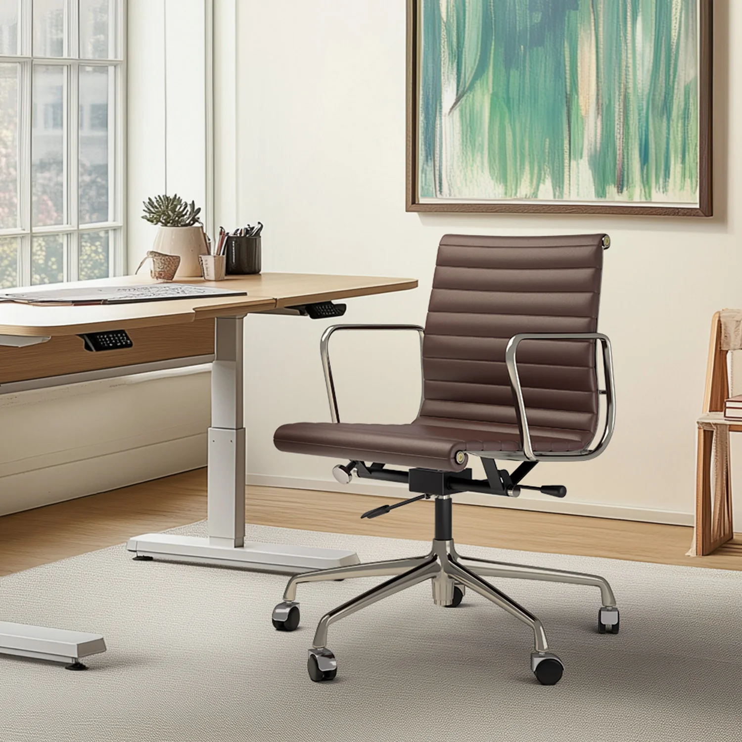 Ribbed Office Chair Ergonomic Office Chair Brown Genuine Leather Swivel Chairs Adjustable Swivel Computer Desk Gaming Chair 14 kf S1c443239e9d94885b0a44e79c21e20fa0