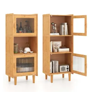 Bamboo Kitchen Cabinet, with 2 Acrylic Doors & Open Compartment, for Kitchen, Living Room, Natural, 49.5 x 40 x 130 cm