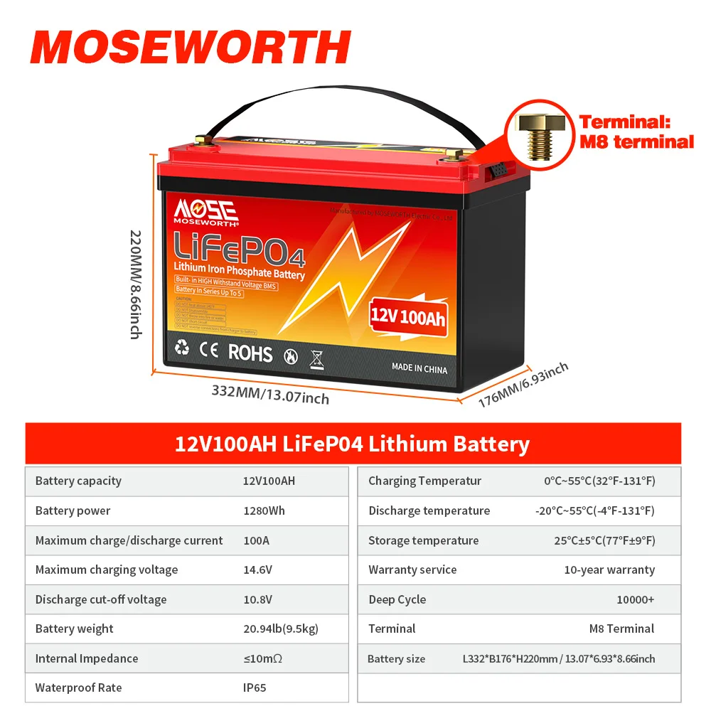 MOSEWORTH LiFePO4 12V 100Ah Battery Pack 12.8V Lithium Battery 8000+ Cycles With Bluetooth BMS Grade A For Boat RV Campers 43 kf S202709c4635e48aa916045e9cca140ber