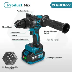 YOFIDRA 900N.M Brushless Electric Impact Drill 13mm Cordless Screwdriver Driver Wood Power Tool for Makita 18V Battery Pin 3 kf S23b5c3784d6b4d54ad054ab485a75293M