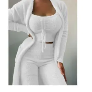 Fashion Plush Lace Up Cardigan 3 Piece Women's Trouser Set Autumn And Winter New Solid Color Asual Warm Home Wear Female Set2025