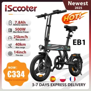 iScooter EB1 Electric Bike, 250W Motor, 36V 7.8AH Lithium Battery, 25KM High-Speed City E-Bike With 14inch Foldable For Adults