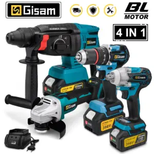 Gisam 4Pcs Brushless Tools Set 13mm Electric Drill + 2 In1 Impact Wrench + 125mm Electric Angle Grinder+ Electric Hammer Drill