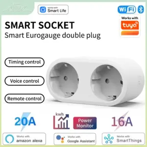Tuya Wifi Smart Dual Plug Socket Eu 16A 20A 2 in 1 Function with Power Monitor Voice Control Smart Life Works with Alexa Google