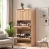 Rosahqnda Rattan Shoe Cabinet - for narrow entryways - Three slanted doors - Wood grain handles -Sideboard Breathable panels
