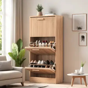 Rosahqnda Rattan Shoe Cabinet - for narrow entryways - Three slanted doors - Wood grain handles -Sideboard Breathable panels