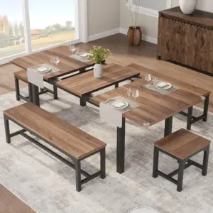 Extendable Dining Table for 4-8, Rectangular Wood Kitchen Table with Strong Metal Frame, Industrial Long Dining Room Table