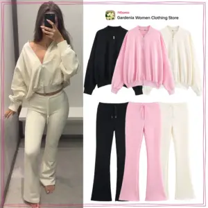 Women Casual Basic Interlock Pant Sets Comfy Cotton 2-piece Sporty Set O-Neck Interlock Bomber Jacket and Drawstring Flare Pants