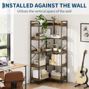 5 Tier Corner Bookshelf With 4 Hooks Industrial Wood Metal Bookcase Freestanding Open Storage Organizer For Office Home Decor