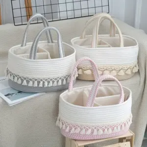 1PCS Baby Storage Basket with Divider Large Woven Rope Organizer for Nursery Portable Diaper & Bottle Caddy