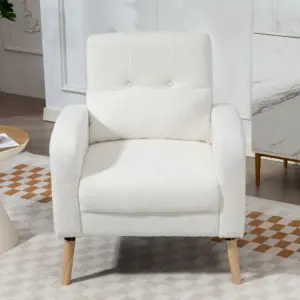Upholstered armchair with wooden legs, fleece fabric, recliner armchair, single armchair for living room, bedroom, white