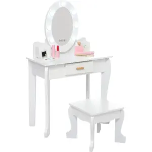 Kids Princess Vanity Set with Lighted Mirror and Stool Wooden Girls Makeup Table and Pretend Play Dressing Accessories Toy