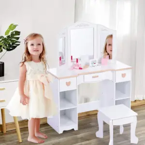 Kids Vanity Set with Tri-Fold Mirror & Stool, Princess Makeup Desk and Chair Wooden Pretend Play Dressing Table for Little Girls