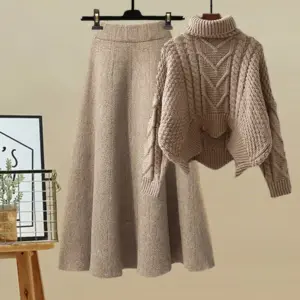 Autumn Winter Women's Knitted High Collar Sweater And Slimming Half Skirt Set Fashionable Design Long Sleeve Fly Sleeve