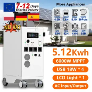 NEW 5000W Portable Power Station ALL IN ONE 48V 5Kwh Battery 6000W MPPT With Lighting USB*4 Type C*2 EU AC Input/Output PV Inupt