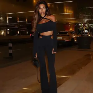 Ahagaga Fashion Sexy Sheath Women's Suits Sets Solid Hollow Out Slim Fit Tracksuits Long Sleeves Slash Neck 2Pcs(Tops+Pants)