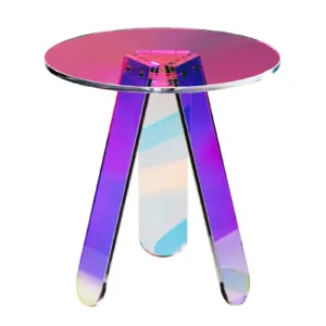 SucceBuy Round Iridescent Side Table Acrylic End Table Clear Rainbow Acrylic Coffee Table for Food Book Used in Living Room