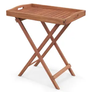 Wooden Side Table, Folding End Table w/ Detachable Tea Tray & Sturdy X-shaped Frame, Natural