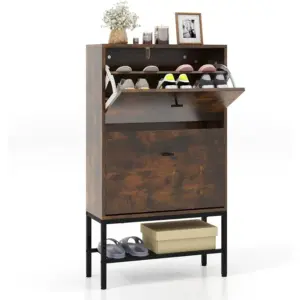 Shoe cabinet with 2 folding drawers, 1 lower metal shelf, anti-tilt system, industrial style, for entrance doors,brown