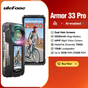 【2025 New】Ulefone Armor 33 Pro 5G Rugged Phone 25500 mAh 512GB ROM 120Hz Dual Screen NFC Android Smartphone MTK Dimensity 7300