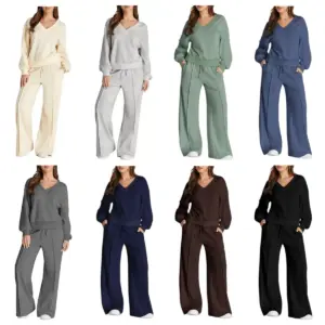 Casual Pure Color V-neck Long Sleeve T-shirt And Pants Set Women's Autumn Winter Fashion Street Style Comfortable Polyester Set