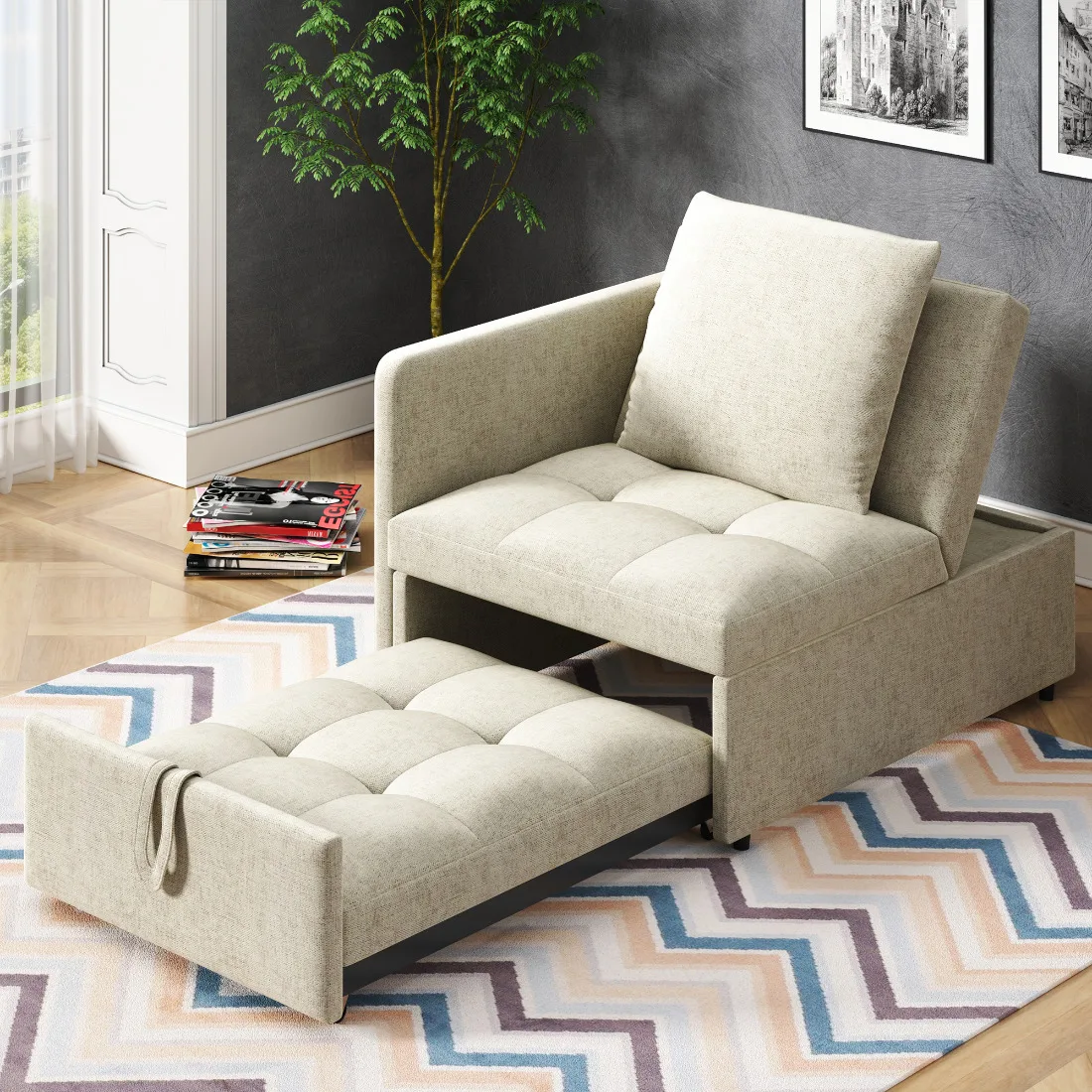 Upholstered Bed, 3-in-1 Sofa Bed, Multifunctional Sofa Bed, Linen Fabric Sofa w/ Adjustable Backrest, Daybed for Small Spaces 23 kf S48ba5de8ee634678ad35c8f53d9b34d3v