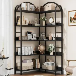 5-Tier L-Shaped Corner Bookshelf, Modern Industrial Bookcase with Arched Metal Frame, Open Wood & Metal Storage Shelves